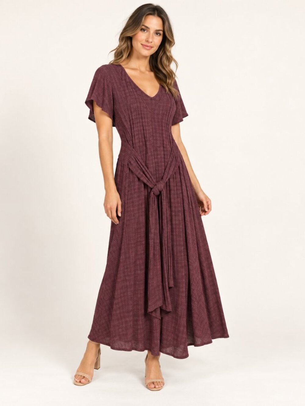 Pleione Burgundy Textured Tie Front Maxi Dress NWT